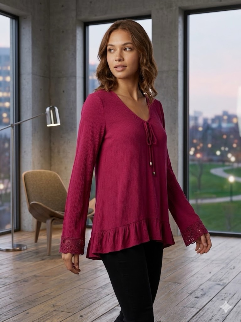 Women's Ruffle-Hem Long-Sleeve V-Neck Top - Berry